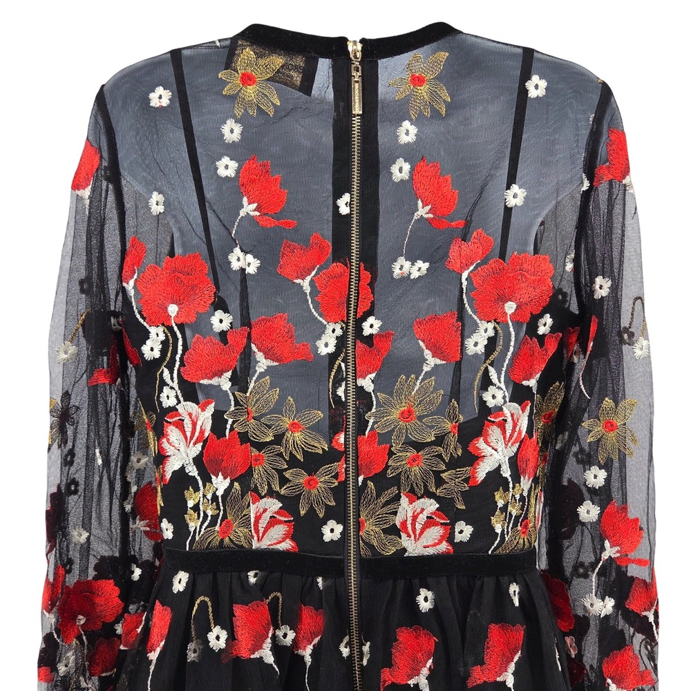 Bronx & Banco Mini Dress M Black Red Floral Embroidered Mesh Whimsigoth Cocktail - Picture 13 of 16